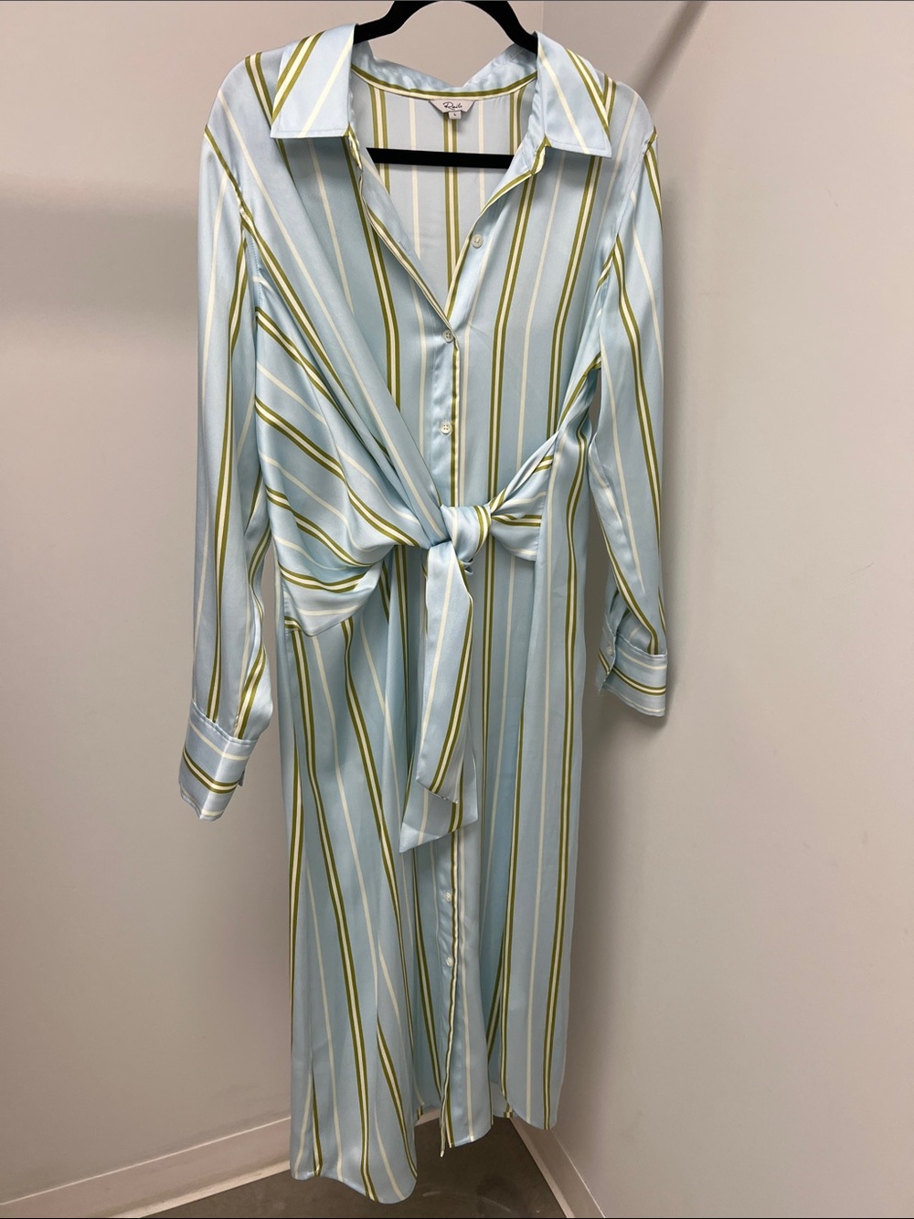 Striped Tie-Front Shirt Dress in Light Blue and Olive